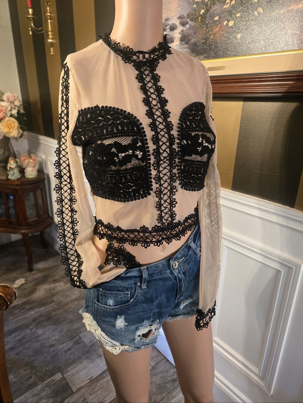 a'gaci Black Lace-Appliqué Sheer Blouse on Cream